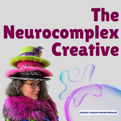 The Neurocomplex Creative podcast cover: Vicki Peterson wearing three stacked hats in lime green, hot pink, and zebra-banded black